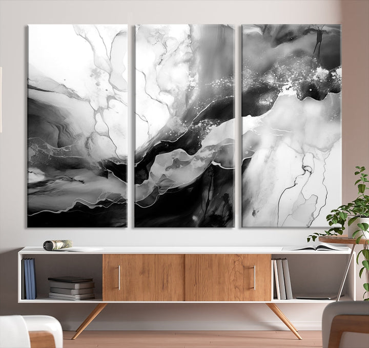 Black and White Clouds Abstract Painting Printed on Canvas Wall Art Framed