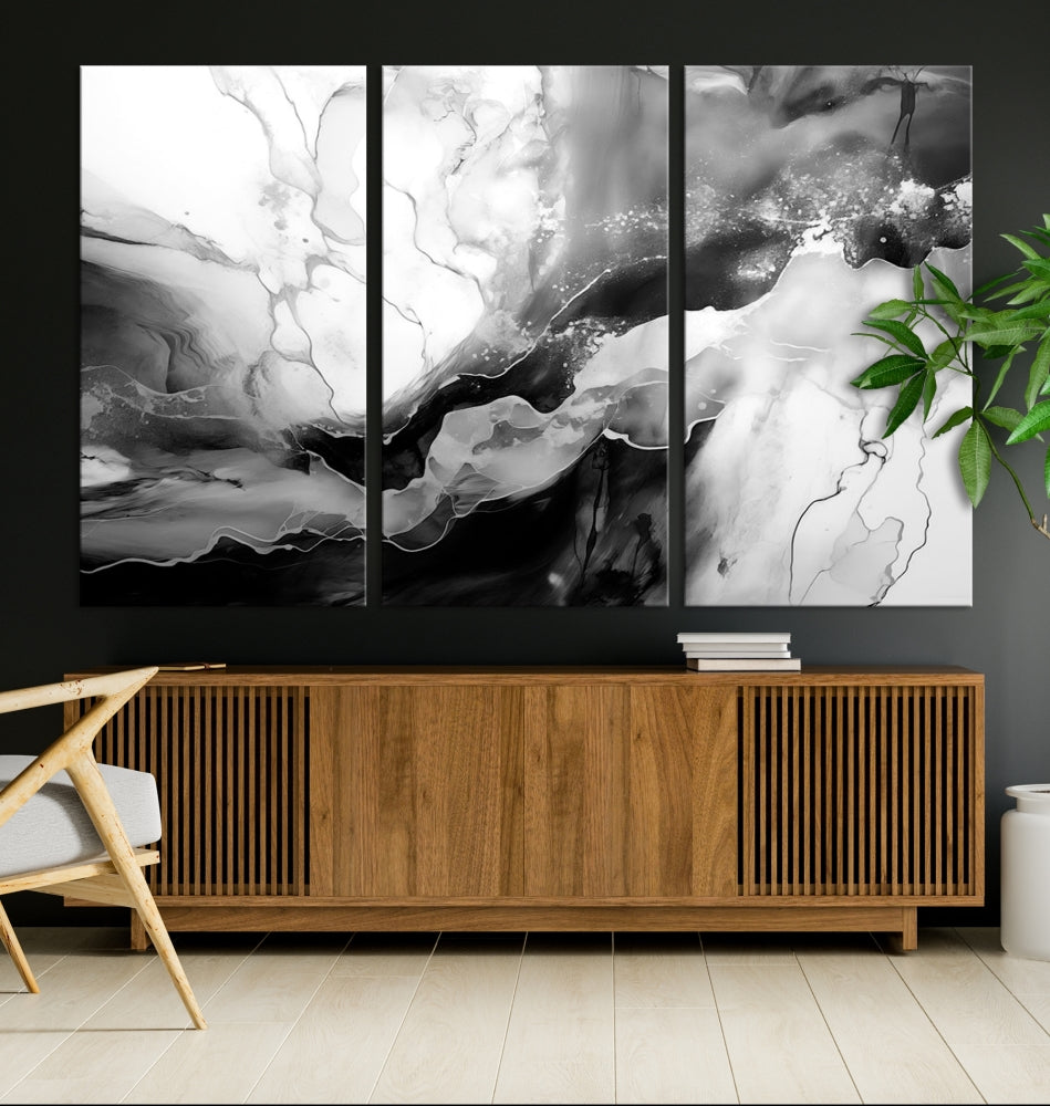 Black and White Clouds Abstract Painting Printed on Canvas Wall Art Framed