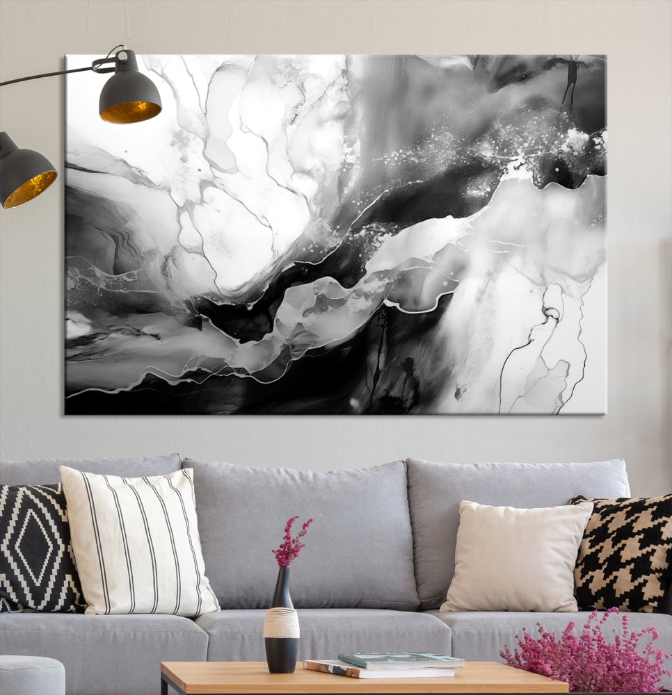 Black and White Clouds Abstract Painting Printed on Canvas Wall Art Framed