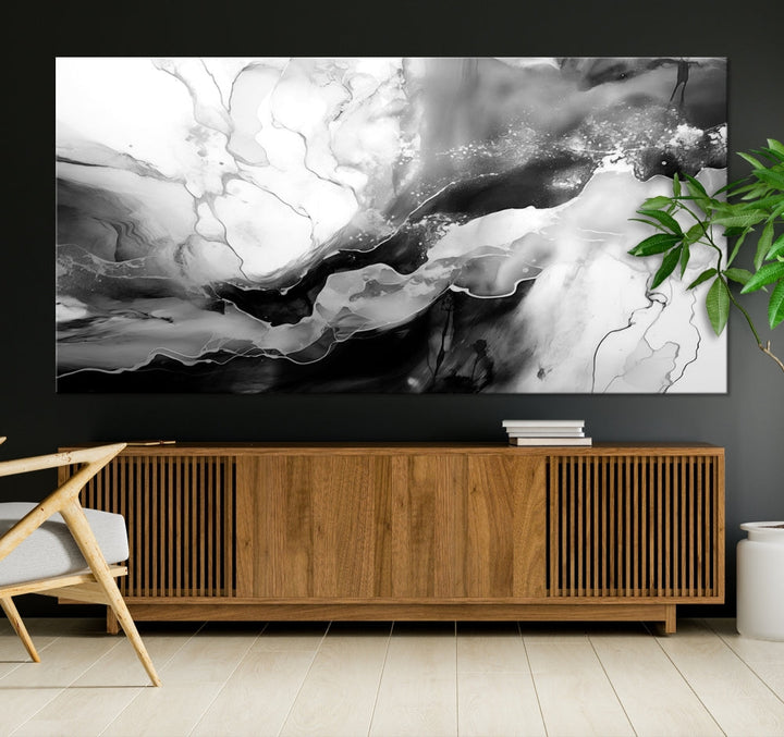 Black and White Clouds Abstract Painting Printed on Canvas Wall Art Framed