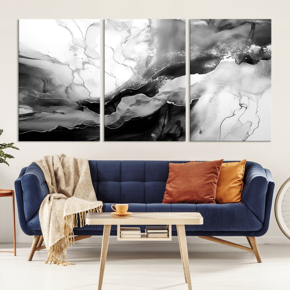 Black and White Clouds Abstract Painting Printed on Canvas Wall Art Framed