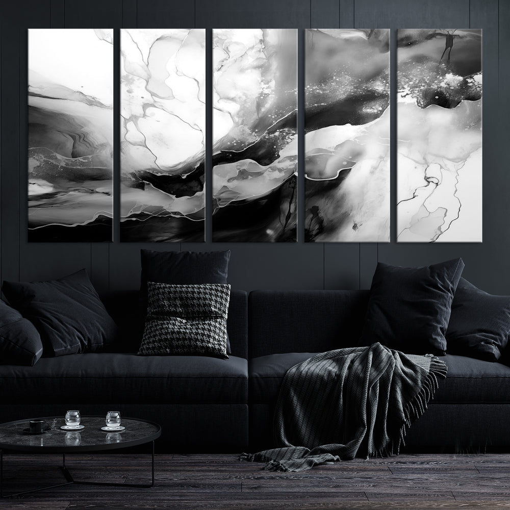 Black and White Clouds Abstract Painting Printed on Canvas Wall Art Framed