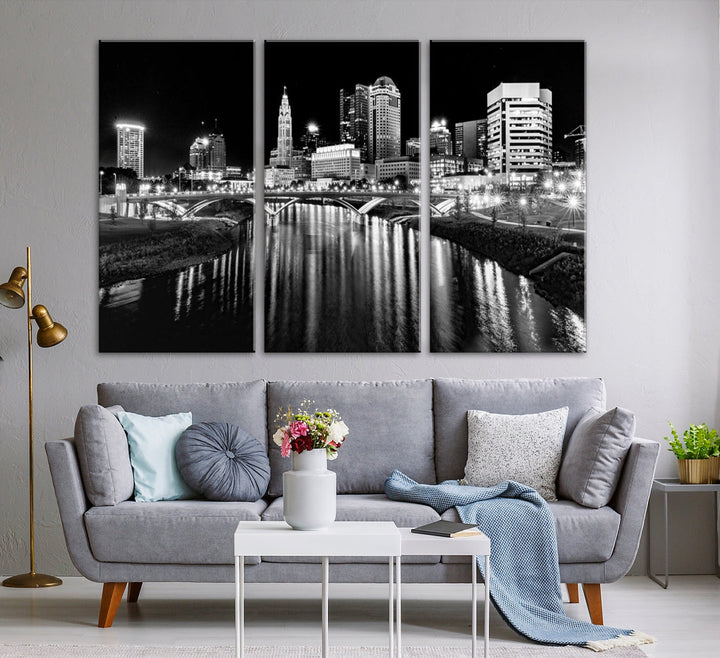 Black and White Columbus Skyline Xlarge Wall Art Cityscape Canvas Print