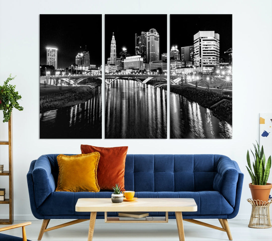 Black and White Columbus Skyline Xlarge Wall Art Cityscape Canvas Print