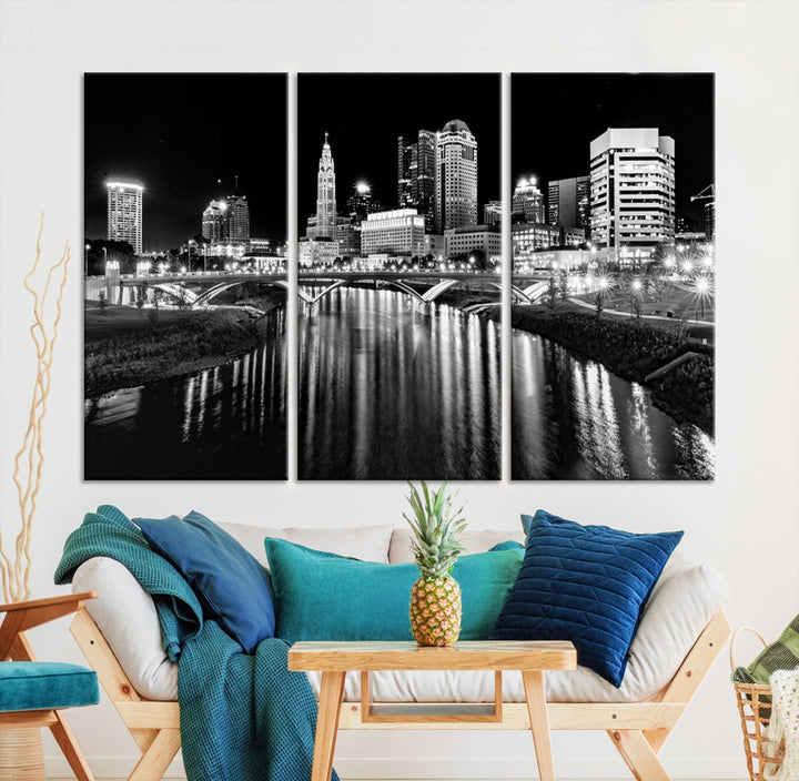 Black and White Columbus Skyline Xlarge Wall Art Cityscape Canvas Print