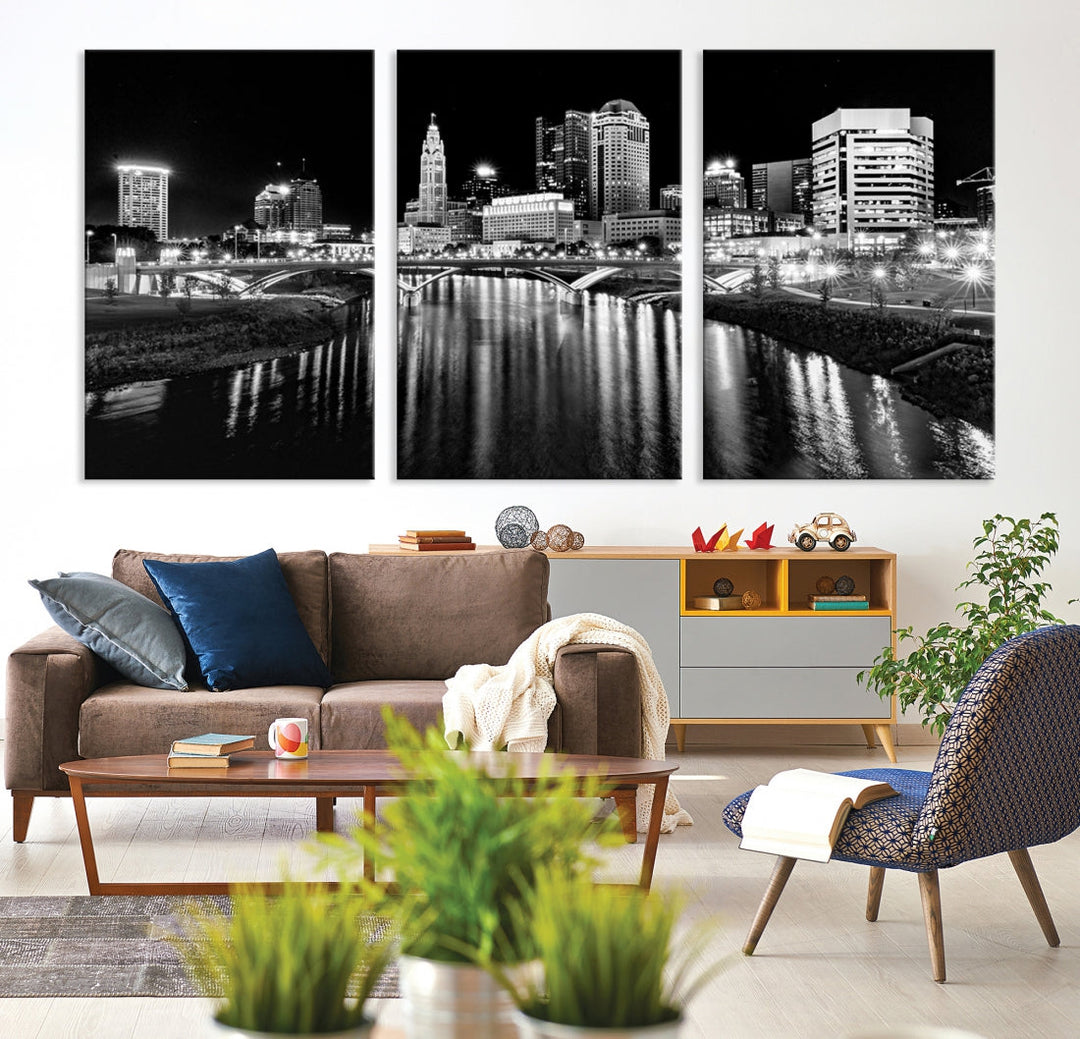 Black and White Columbus Skyline Xlarge Wall Art Cityscape Canvas Print