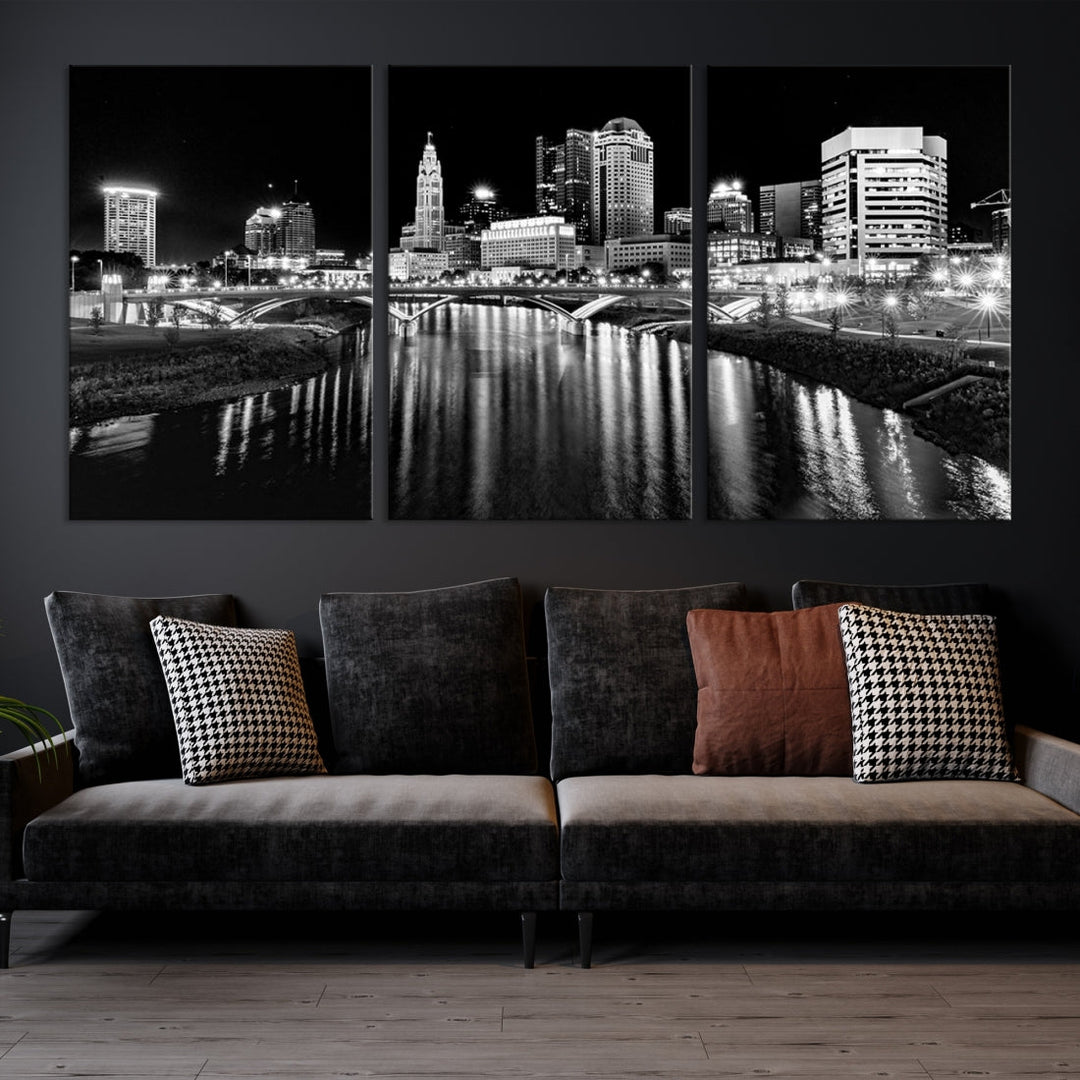 Black and White Columbus Skyline Xlarge Wall Art Cityscape Canvas Print