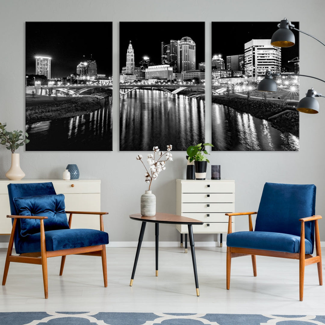 Black and White Columbus Skyline Xlarge Wall Art Cityscape Canvas Print