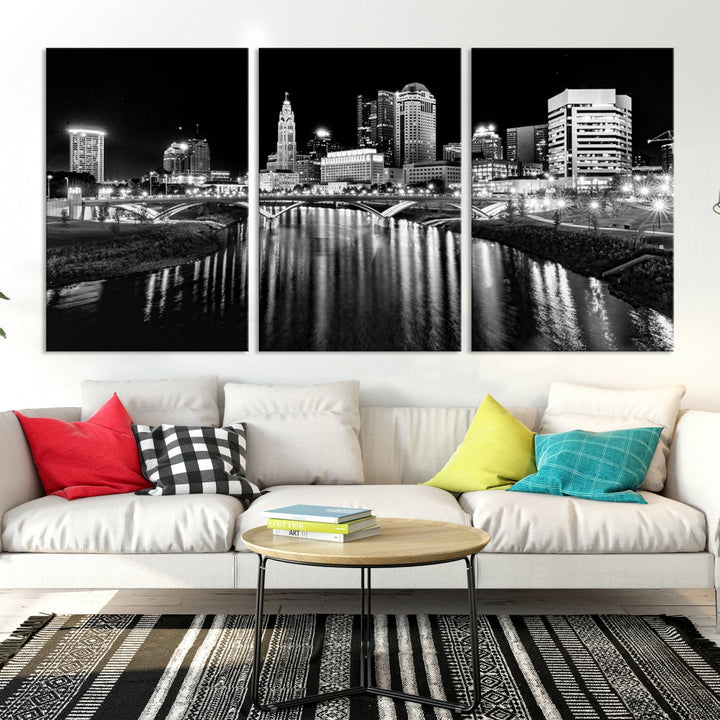 Black and White Columbus Skyline Xlarge Wall Art Cityscape Canvas Print