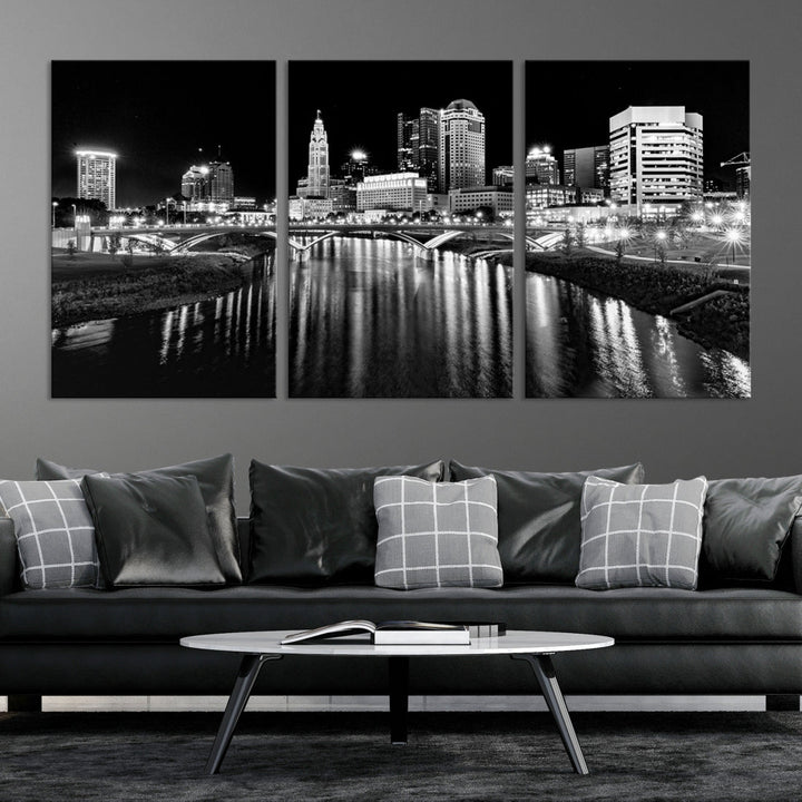 Black and White Columbus Skyline Xlarge Wall Art Cityscape Canvas Print