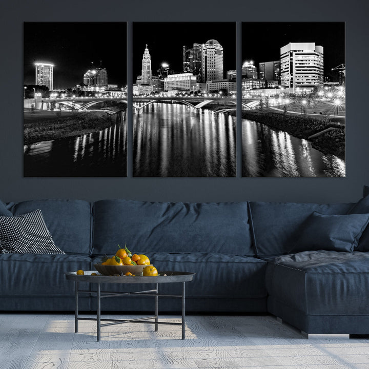 Black and White Columbus Skyline Xlarge Wall Art Cityscape Canvas Print