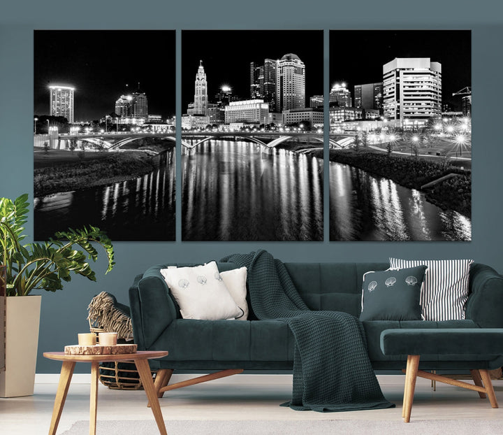 Black and White Columbus Skyline Xlarge Wall Art Cityscape Canvas Print