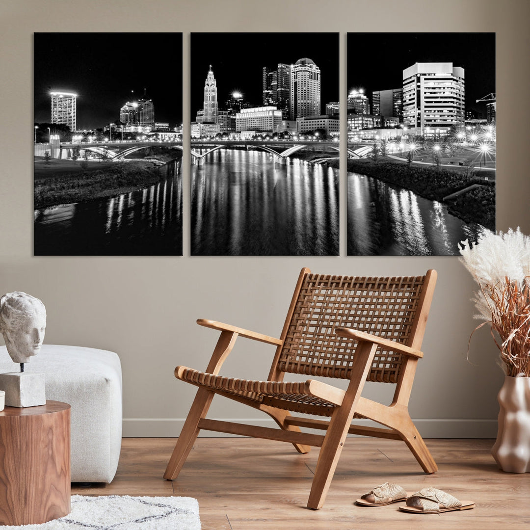 Black and White Columbus Skyline Xlarge Wall Art Cityscape Canvas Print