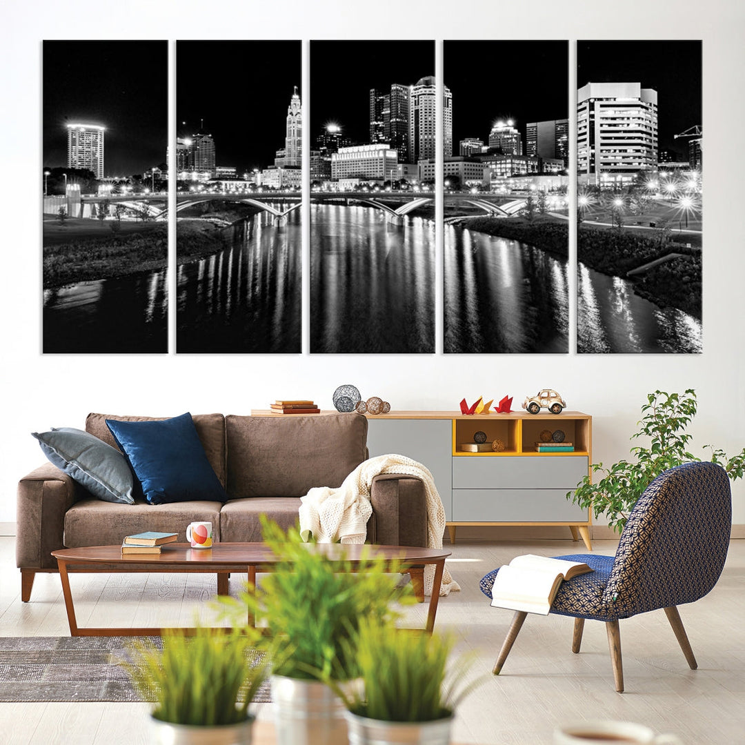 Black and White Columbus Skyline Xlarge Wall Art Cityscape Canvas Print