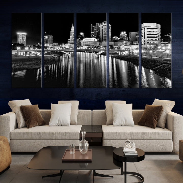 Black and White Columbus Skyline Xlarge Wall Art Cityscape Canvas Print