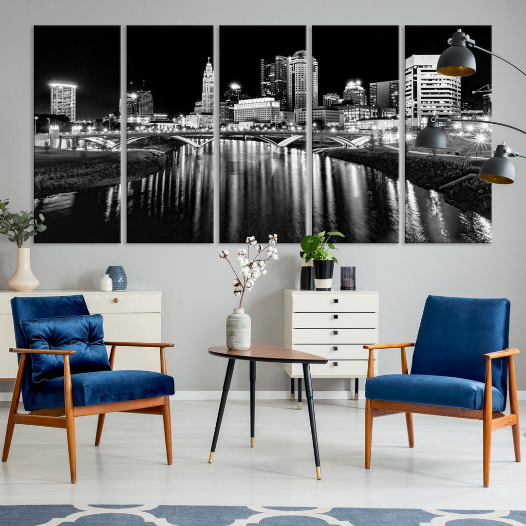 Black and White Columbus Skyline Xlarge Wall Art Cityscape Canvas Print