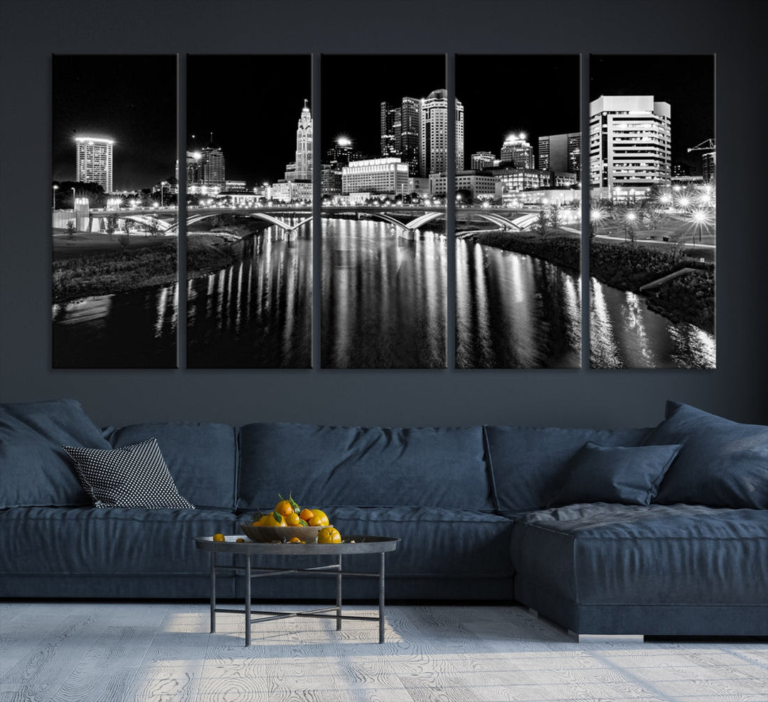 Black and White Columbus Skyline Xlarge Wall Art Cityscape Canvas Print