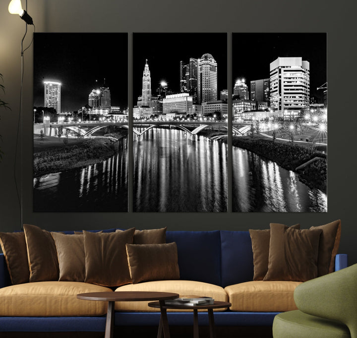 Black and White Columbus Skyline Xlarge Wall Art Cityscape Canvas Print