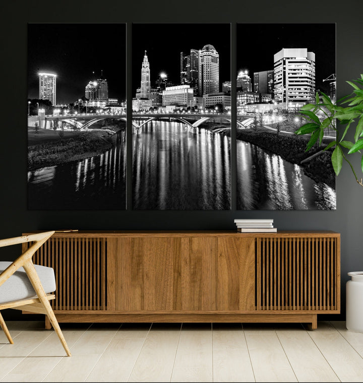 Black and White Columbus Skyline Xlarge Wall Art Cityscape Canvas Print