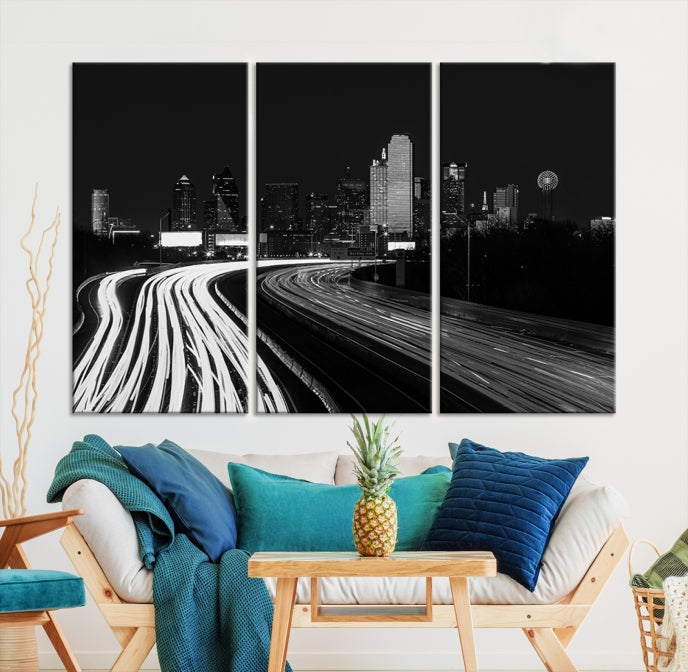 Black and White Dallas Metropolis Skyline Canvas Wall Art Print