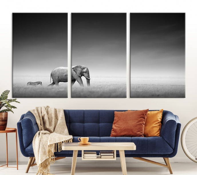 Black and White Elephant and Zebra Wild Africa Animal Wall Art Canvas Print Framed