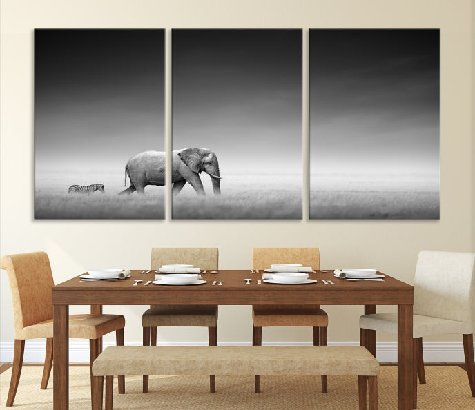 Black and White Elephant and Zebra Wild Africa Animal Wall Art Canvas Print Framed