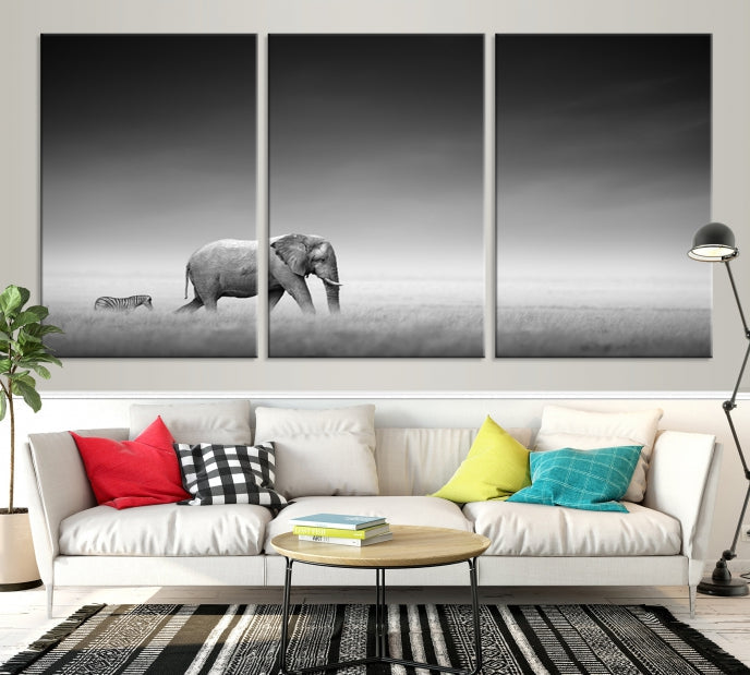 Black and White Elephant and Zebra Wild Africa Animal Wall Art Canvas Print Framed