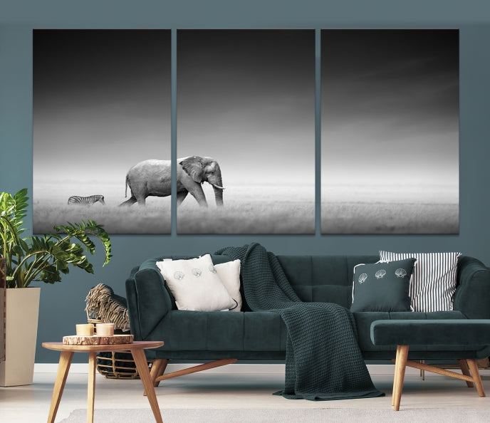 Black and White Elephant and Zebra Wild Africa Animal Wall Art Canvas Print Framed