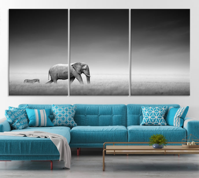 Black and White Elephant and Zebra Wild Africa Animal Wall Art Canvas Print Framed