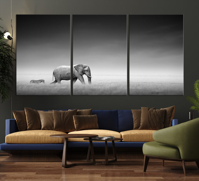 Black and White Elephant and Zebra Wild Africa Animal Wall Art Canvas Print Framed