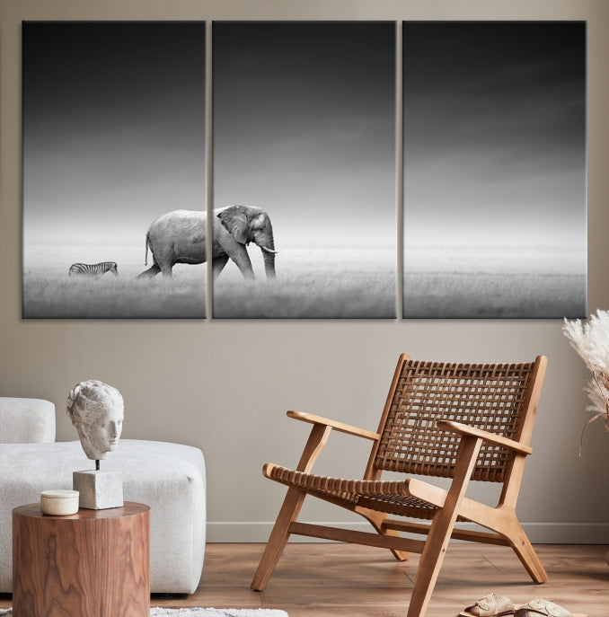 Black and White Elephant and Zebra Wild Africa Animal Wall Art Canvas Print Framed