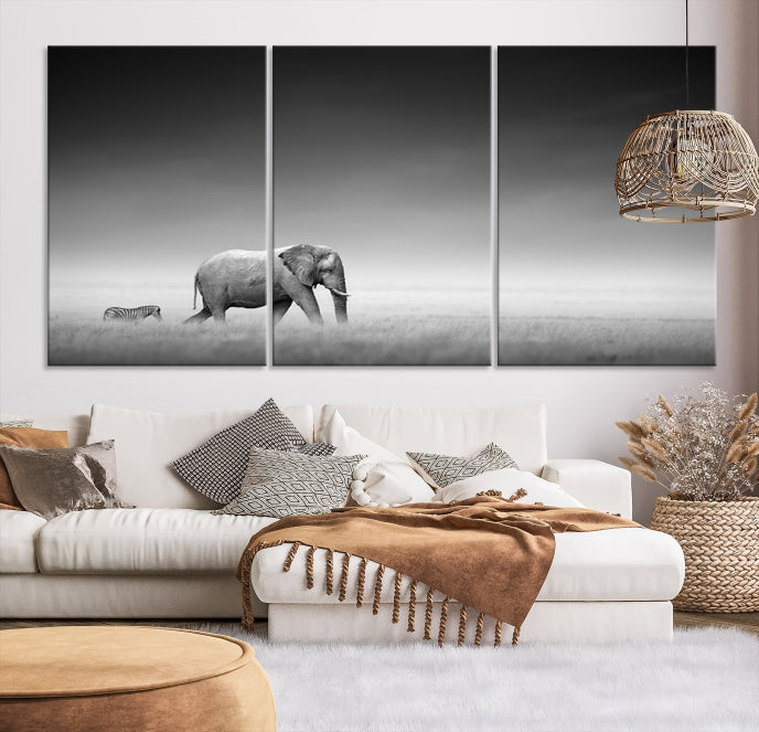 Black and White Elephant and Zebra Wild Africa Animal Wall Art Canvas Print Framed