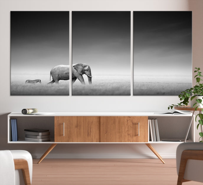 Black and White Elephant and Zebra Wild Africa Animal Wall Art Canvas Print Framed