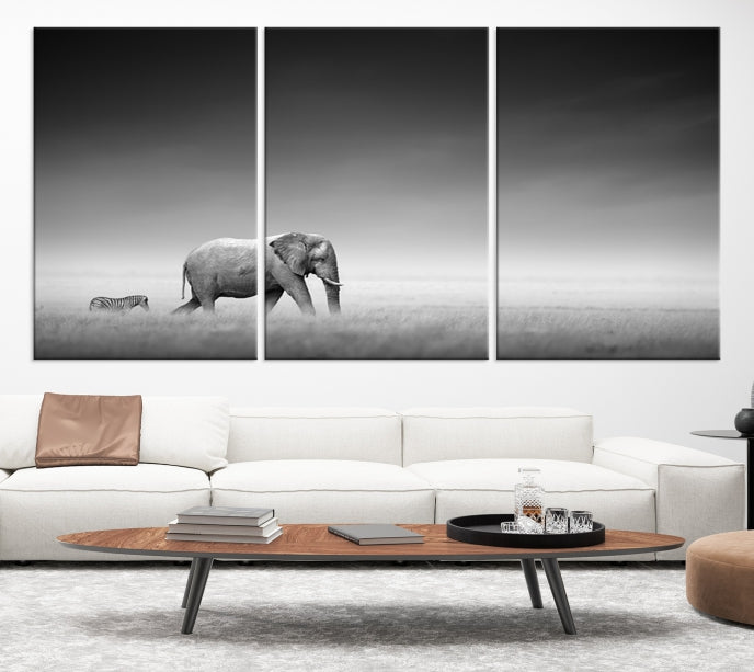 Black and White Elephant and Zebra Wild Africa Animal Wall Art Canvas Print Framed