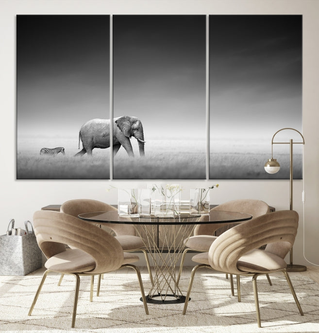 Black and White Elephant and Zebra Wild Africa Animal Wall Art Canvas Print Framed