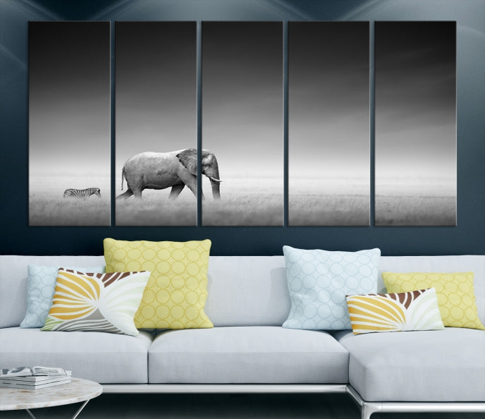 Black and White Elephant and Zebra Wild Africa Animal Wall Art Canvas Print Framed