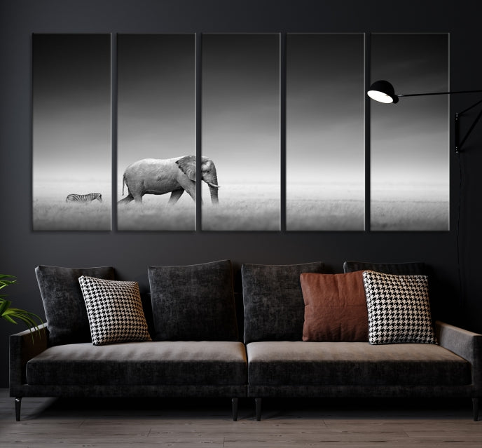 Black and White Elephant and Zebra Wild Africa Animal Wall Art Canvas Print Framed