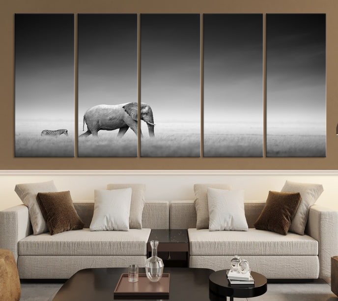 Black and White Elephant and Zebra Wild Africa Animal Wall Art Canvas Print Framed