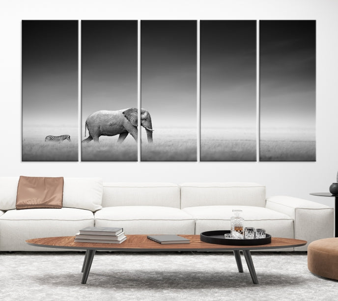 Black and White Elephant and Zebra Wild Africa Animal Wall Art Canvas Print Framed