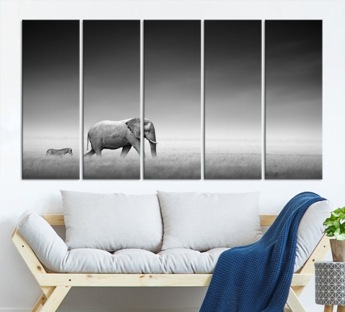 Black and White Elephant and Zebra Wild Africa Animal Wall Art Canvas Print Framed