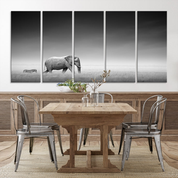 Black and White Elephant and Zebra Wild Africa Animal Wall Art Canvas Print Framed