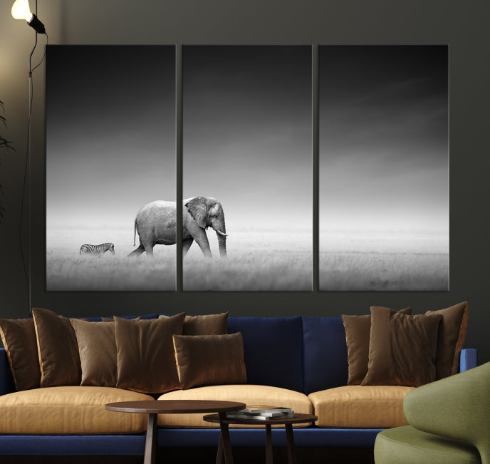 Black and White Elephant and Zebra Wild Africa Animal Wall Art Canvas Print Framed