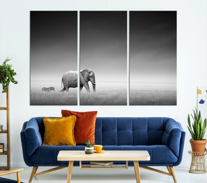 Black and White Elephant and Zebra Wild Africa Animal Wall Art Canvas Print Framed