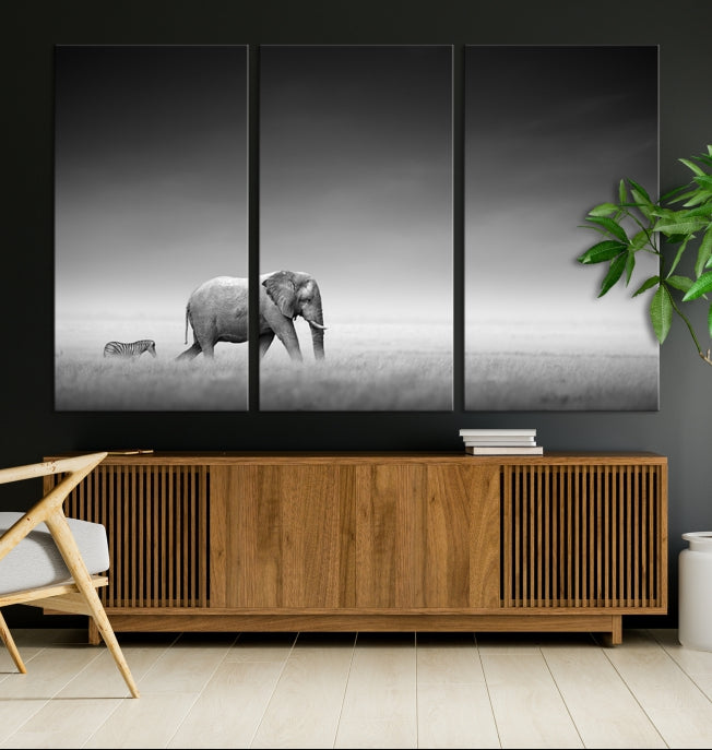 Black and White Elephant and Zebra Wild Africa Animal Wall Art Canvas Print Framed