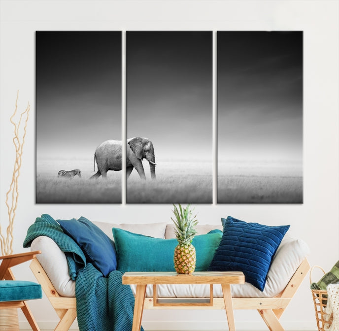 Black and White Elephant and Zebra Wild Africa Animal Wall Art Canvas Print Framed