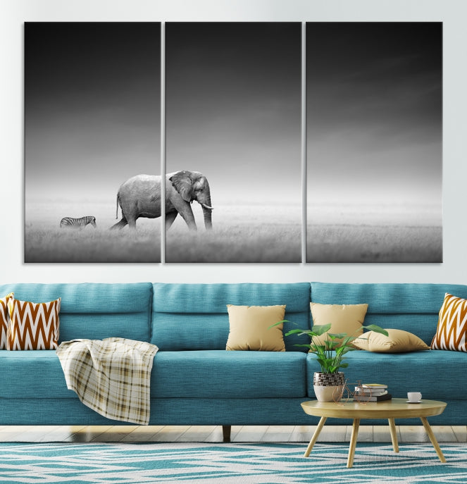 Black and White Elephant and Zebra Wild Africa Animal Wall Art Canvas Print Framed