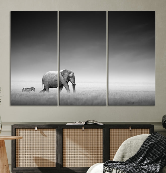 Black and White Elephant and Zebra Wild Africa Animal Wall Art Canvas Print Framed