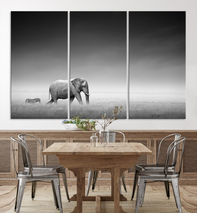 Black and White Elephant and Zebra Wild Africa Animal Wall Art Canvas Print Framed