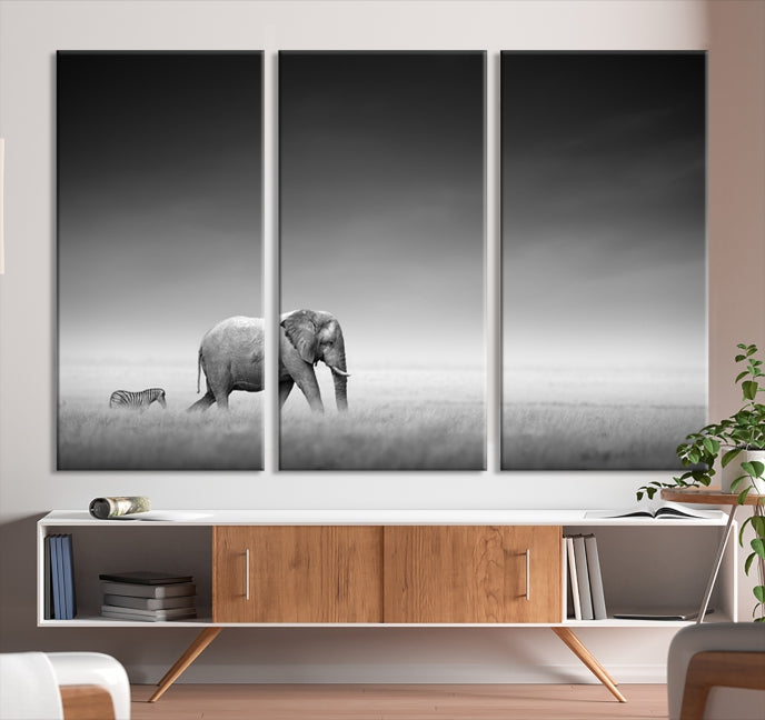 Black and White Elephant and Zebra Wild Africa Animal Wall Art Canvas Print Framed