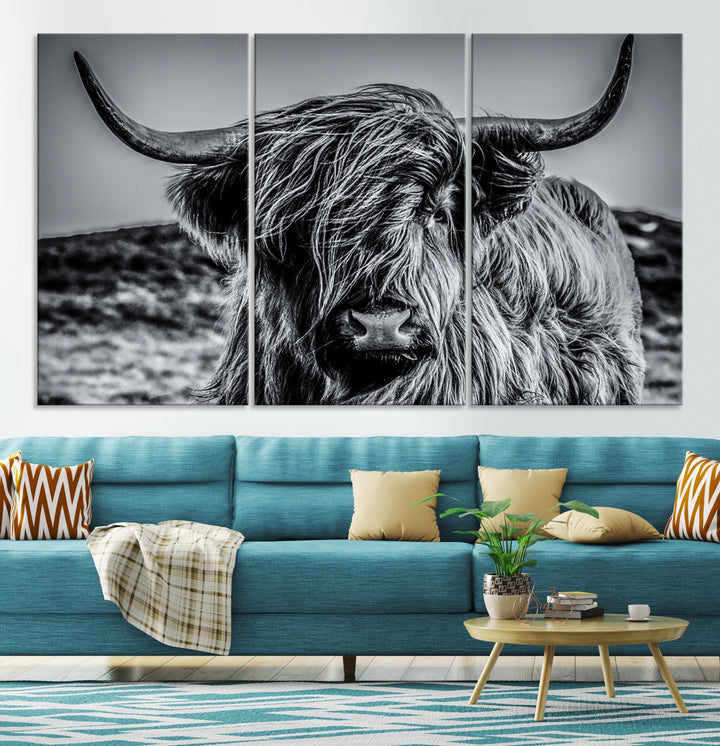 Black and White Extra Large Cow Wall Art Canvas Print Highland Cattle Canvas Art